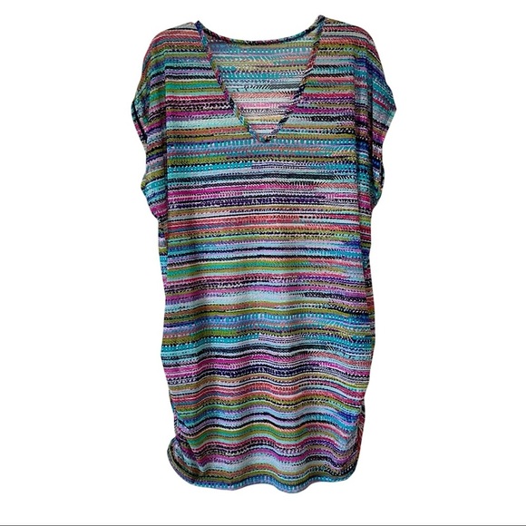 Anne Cole V-Neck Mesh Tunic Swimsuit Coverup Colorful Stripes Ruched Sides NWT - Picture 1 of 14